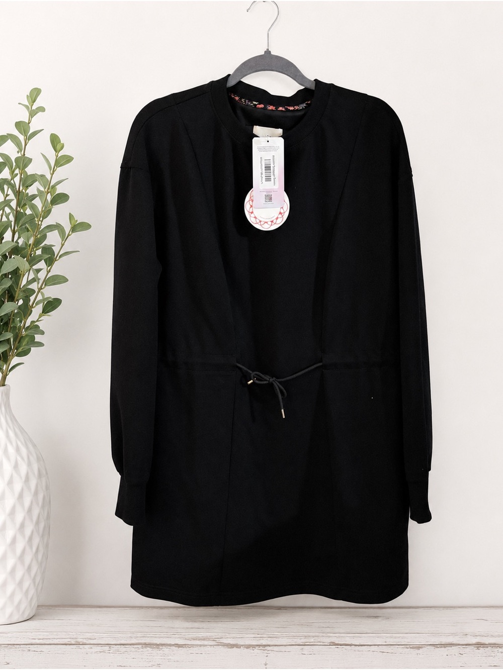 Umgee Black Long Sleeve Tie Waist Sweatshirt Dress NWT Large